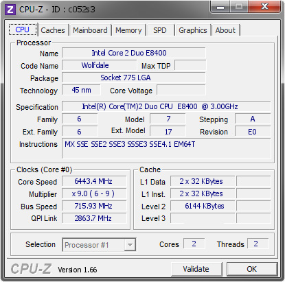 screenshot of CPU-Z validation for Dump [c052s3] - Submitted by  SpeedTime.Wing  - 2009-03-23 09:03:06