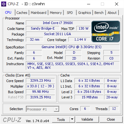 Intel Core i7 3960X @ 3299.23 MHz - CPU-Z VALIDATOR