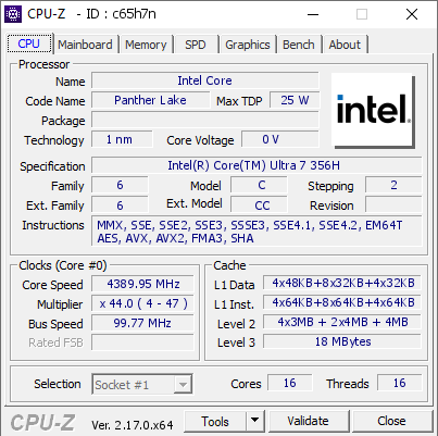 screenshot of CPU-Z validation for Dump [c65h7n] - Submitted by  DESKTOP-F6DUUQV  - 2026-05-18 04:00:35