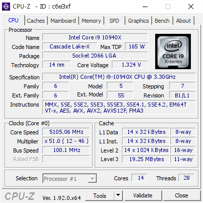 screenshot of CPU-Z validation for Dump [c6e3xf] - Submitted by  Anonymous  - 2020-07-20 14:59:45