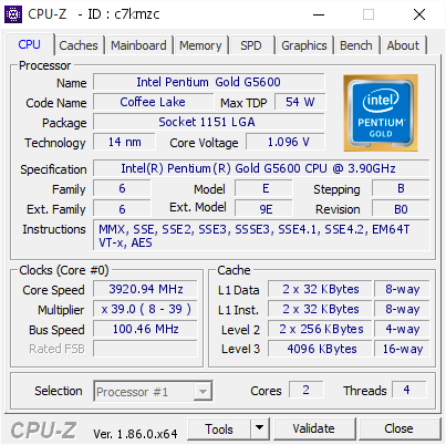 Intel Pentium Gold G5600 3920 94 Mhz Cpu Z Validator