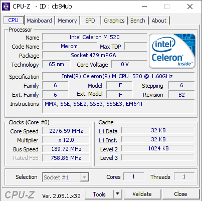 screenshot of CPU-Z validation for Dump [cb84ub] - Submitted by  GATEWAY-PC LF5  - 2023-05-23 04:12:18