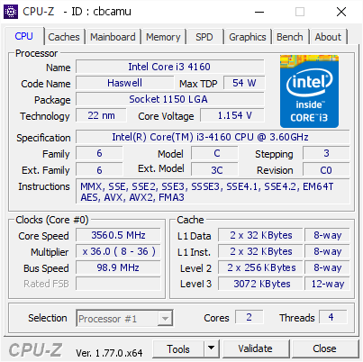 Intel Core i3 4160 @ 3560.5 MHz - CPU-Z 