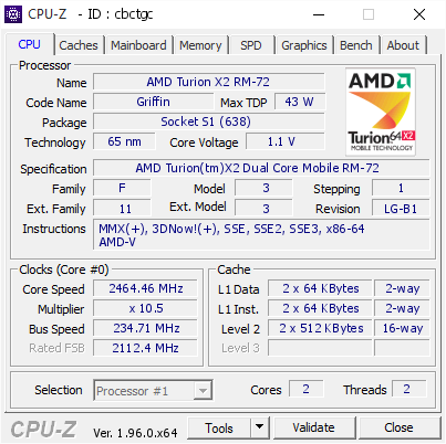 screenshot of CPU-Z validation for Dump [cbctgc] - Submitted by  HP-6735S  - 2021-05-03 17:18:12