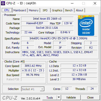 Intel Xeon E5 2669 v3 @ 3092.62 MHz - CPU-Z VALIDATOR