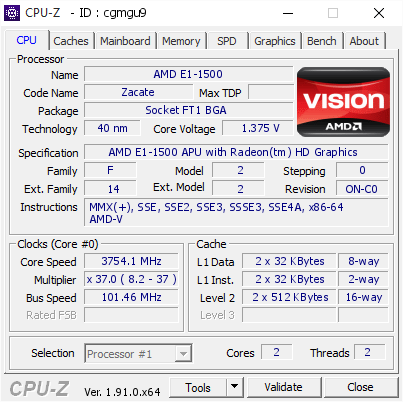 screenshot of CPU-Z validation for Dump [cgmgu9] - Submitted by  Anonymous  - 2020-01-02 05:05:42