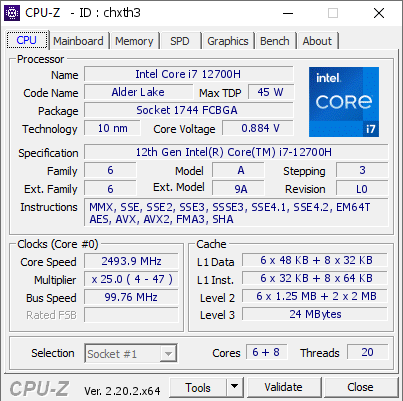 Intel Core i7 12700H @ 2493.9 MHz - CPU-Z VALIDATOR