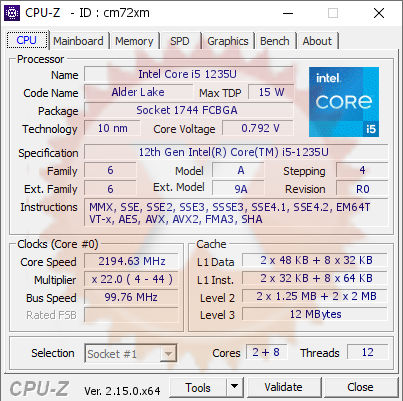 screenshot of CPU-Z validation for Dump [cm72xm] - Submitted by  StrelecPE  - 2025-07-27 06:09:45