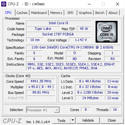 screenshot of CPU-Z validation for Dump [cw0eez] - Submitted by  RJSMEGAMACHINE  - 2021-08-15 17:06:27