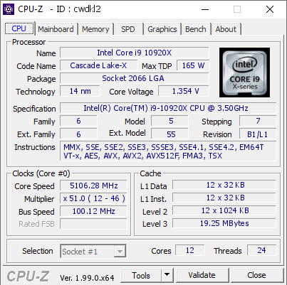 screenshot of CPU-Z validation for Dump [cwdkl2] - Submitted by  ASUS-X299  - 2022-10-11 23:07:47