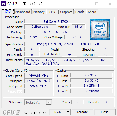 Intel Core i7 9700 @ 4499.65 MHz - CPU-Z VALIDATOR