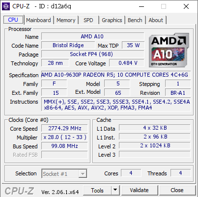 AMD A10 2774.29 MHz CPU Z VALIDATOR