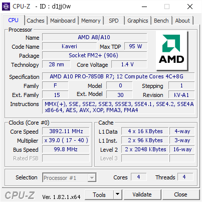 screenshot of CPU-Z validation for Dump [d1jj0w] - Submitted by  EVO-PC-W10  - 2018-01-18 05:37:05