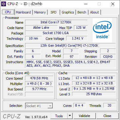 Intel Core i7 12700K @ 478.58 MHz - CPU-Z VALIDATOR