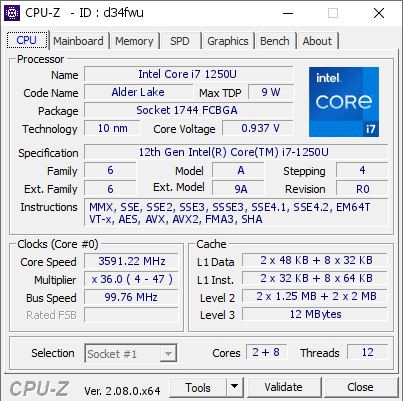 screenshot of CPU-Z validation for Dump [d34fwu] - Submitted by  ONE-NETBOOK-5  - 2024-05-20 04:20:03