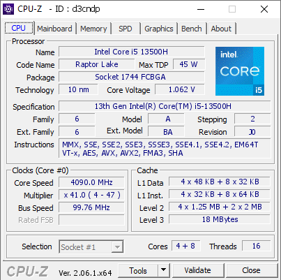 Intel Core i5 13500H @ 4090 MHz - CPU-Z VALIDATOR