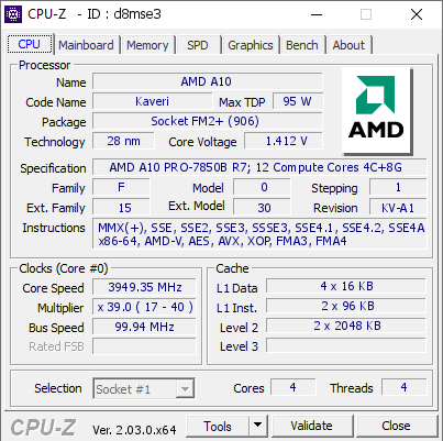 screenshot of CPU-Z validation for Dump [d8mse3] - Submitted by  Anonymous  - 2022-10-22 13:57:14