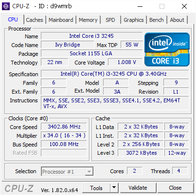 screenshot of CPU-Z validation for Dump [d9wmrb] - Submitted by  Anonymous  - 2017-12-30 09:52:43