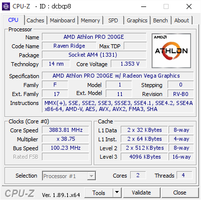 screenshot of CPU-Z validation for Dump [dcbcp8] - Submitted by  Anonymous  - 2020-01-19 17:25:23