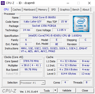 Intel Core i5 8665U @ 3789.78 MHz - CPU-Z VALIDATOR