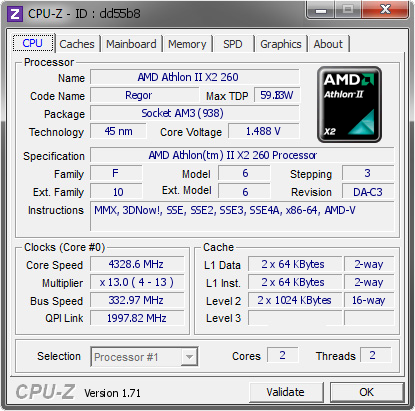 screenshot of CPU-Z validation for Dump [dd55b8] - Submitted by  athlon x2260 4330mhz  - 2015-01-19 11:01:18