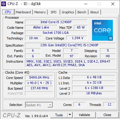screenshot of CPU-Z validation for Dump [dgl3dr] - Submitted by  burowietz  - 2022-02-14 10:21:21