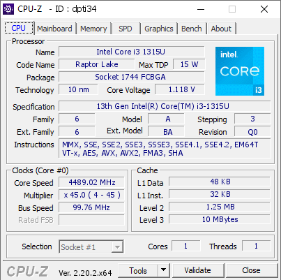 screenshot of CPU-Z validation for Dump [dpti34] - Submitted by  Anonymous  - 2026-06-27 11:51:59