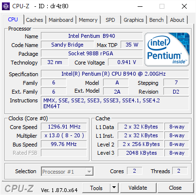 Intel Pentium B940 @ 1296.91 MHz - CPU-Z VALIDATOR
