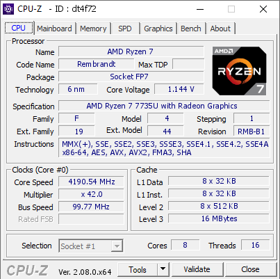 screenshot of CPU-Z validation for Dump [dt4f72] - Submitted by  APOLOAMOR  - 2023-10-19 23:04:24