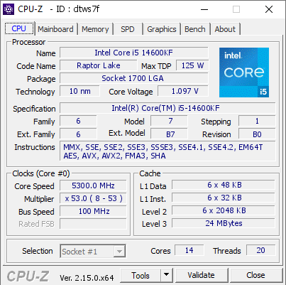 screenshot of CPU-Z validation for Dump [dtws7f] - Submitted by  Anonymous  - 2025-05-19 17:08:41