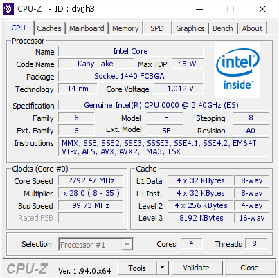 screenshot of CPU-Z validation for Dump [dvijh3] - Submitted by  DESKTOP-IO2KI3L  - 2020-10-31 10:58:35