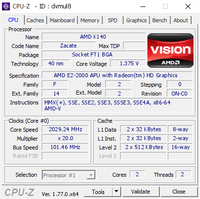 screenshot of CPU-Z validation for Dump [dvmul8] - Submitted by  MY  - 2016-09-20 02:17:49