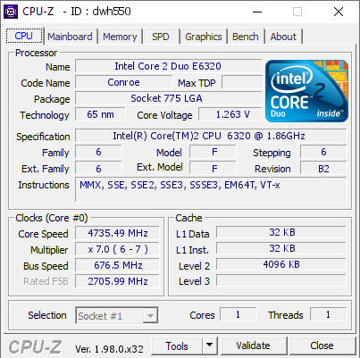 screenshot of CPU-Z validation for Dump [dwh550] - Submitted by  Boblemagnifique E6320 LNZ First Test  - 2021-12-04 02:56:56