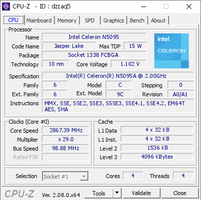 screenshot of CPU-Z validation for Dump [dzzaq5] - Submitted by  DESKTOP-F0DGBHC  - 2024-02-04 15:59:17