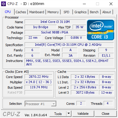 screenshot of CPU-Z validation for Dump [e166mm] - Submitted by  DESKTOP-6CS41VU  - 2018-04-02 15:50:24