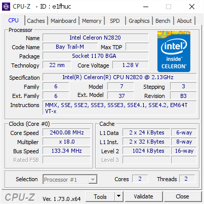 Intel Celeron N2820 2400 08 Mhz Cpu Z Validator