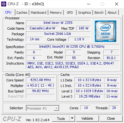 screenshot of CPU-Z validation for Dump [e3dw2j] - Submitted by  Anonymous  - 2020-06-20 15:48:12