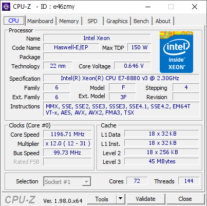 screenshot of CPU-Z validation for Dump [e46zmy] - Submitted by  KD-XEON4X8880  - 2021-11-26 23:53:57