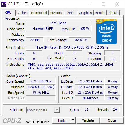 screenshot of CPU-Z validation for Dump [e4ig8x] - Submitted by  Anonymous  - 2021-03-30 22:45:30
