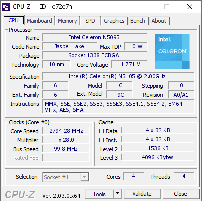 Intel Celeron N5095 @ 2794.28 MHz - CPU-Z VALIDATOR