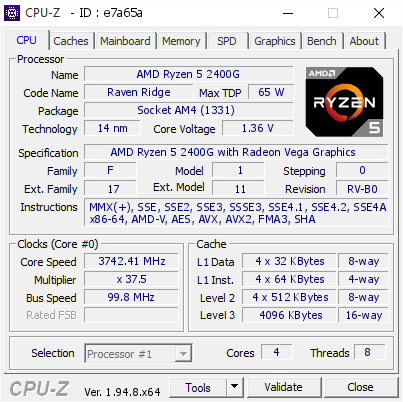 Amd Ryzen 5 2400g 3742 41 Mhz Cpu Z Validator