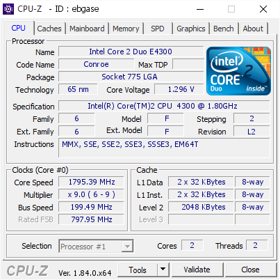 meubilair Egyptische sterk Intel Core 2 Duo E4300 @ 1795.39 MHz - CPU-Z VALIDATOR