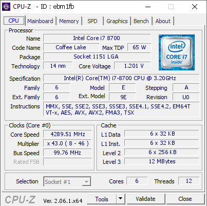 Intel Core i7 8700 @ 4289.51 MHz - CPU-Z VALIDATOR