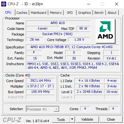 screenshot of CPU-Z validation for Dump [ei19pv] - Submitted by  Anonymous  - 2018-12-15 17:09:36