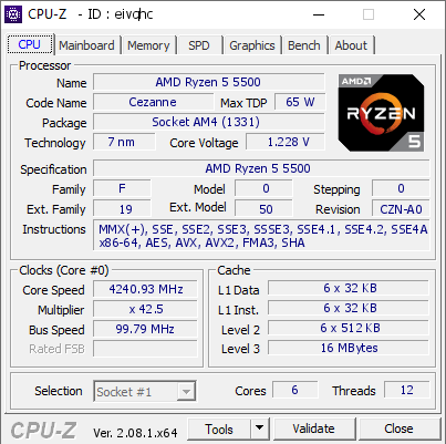 screenshot of CPU-Z validation for Dump [eivqhc] - Submitted by  DESKTOP-RUEUNHL  - 2024-04-16 14:08:51