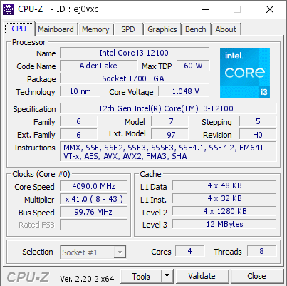 Intel Core i3 12100 @ 4090 MHz - CPU-Z VALIDATOR