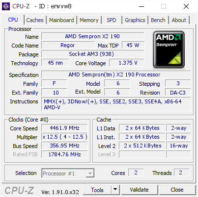 screenshot of CPU-Z validation for Dump [envvw8] - Submitted by  redratamd  - 2020-04-16 02:52:49