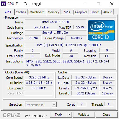 Intel Core i3 3220 @ 3293.32 MHz - CPU-Z VALIDATOR