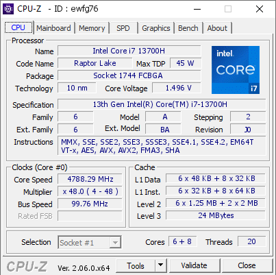 screenshot of CPU-Z validation for Dump [ewfg76] - Submitted by  DESKTOP-1EFUQLT  - 2023-05-27 20:30:34