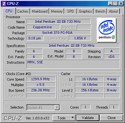 screenshot of CPU-Z validation for Dump [eykqdp] - Submitted by  FSB236Coppermine  - 2021-09-28 18:14:46